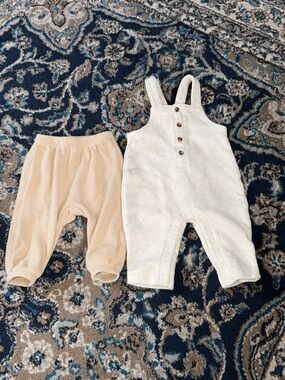 Old Navy Cream Knit Button-Front Overalls with Beige Ribbed Pants